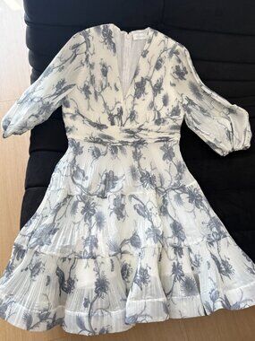 Zimmermann Floral Pleated Mini Dress Size 3 White Gray V-Neck